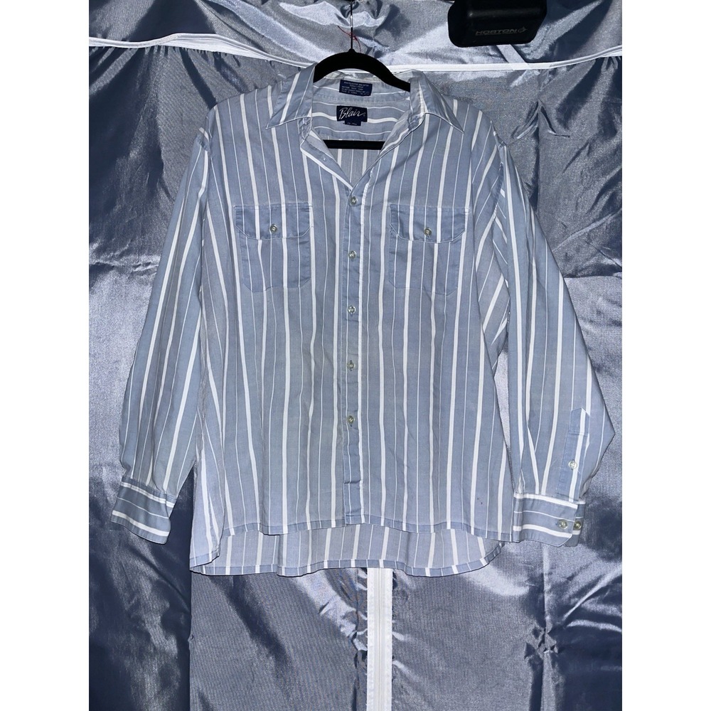 Vintage 80s Blair Mens Striped Button Up Shirt Epaulets Blue White 17 34 35
